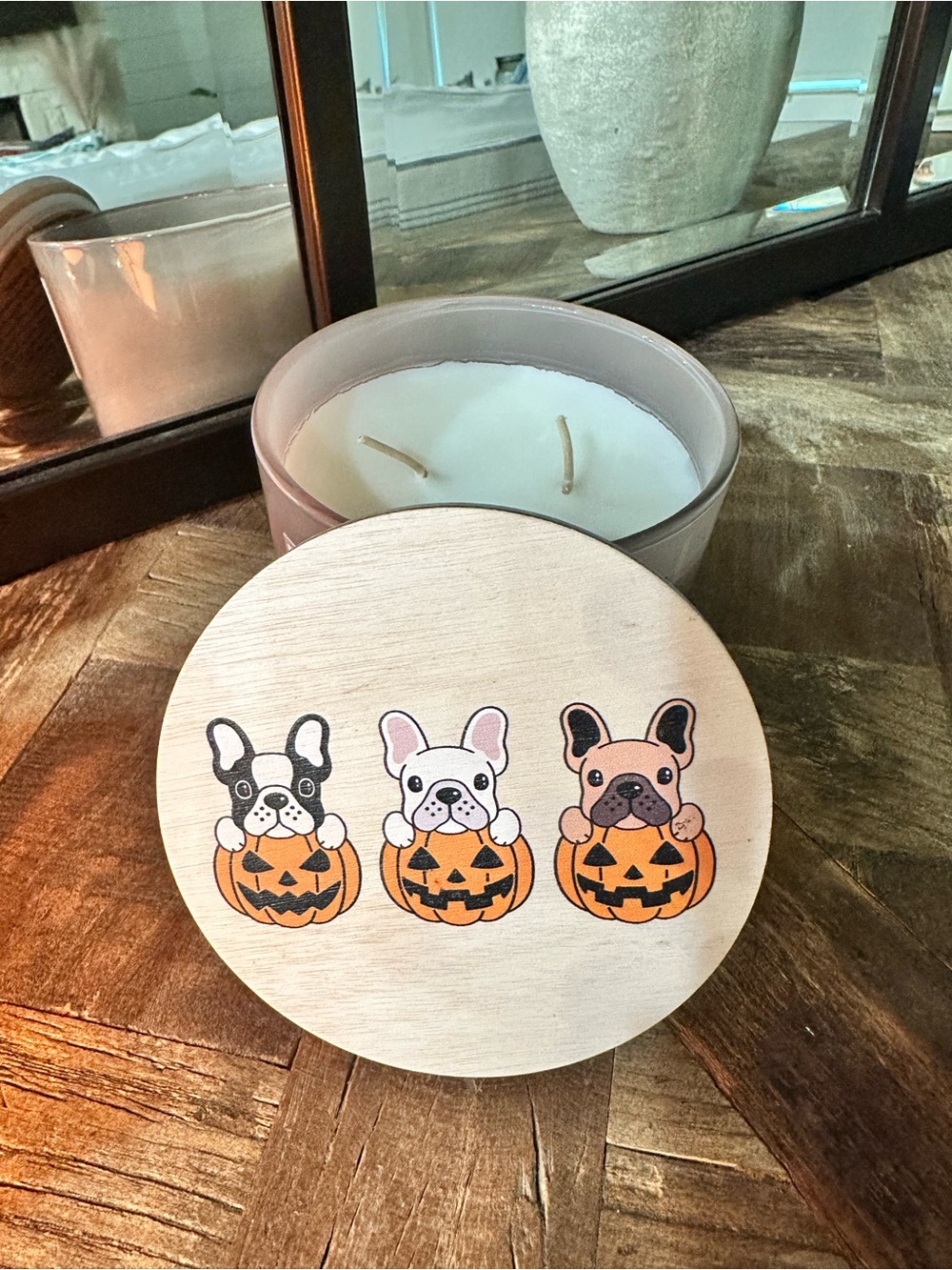 Wooden Candle Lid with Halloween French Bulldog Trio - Fall-Pumkin Harvest Scent